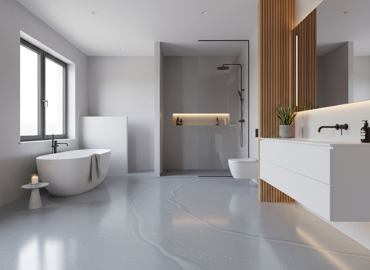 Badezimmer mit fugenlosem Boden und Nasszone