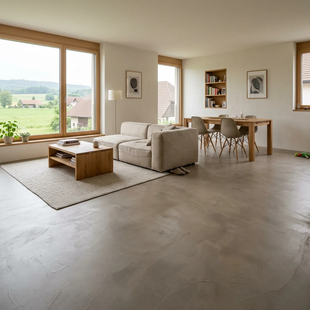 Wohnzimmer mit ruhigem Mikrozementboden
