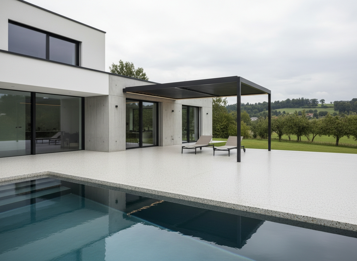 Poolbereich mit trittsicherem Steinteppichbelag