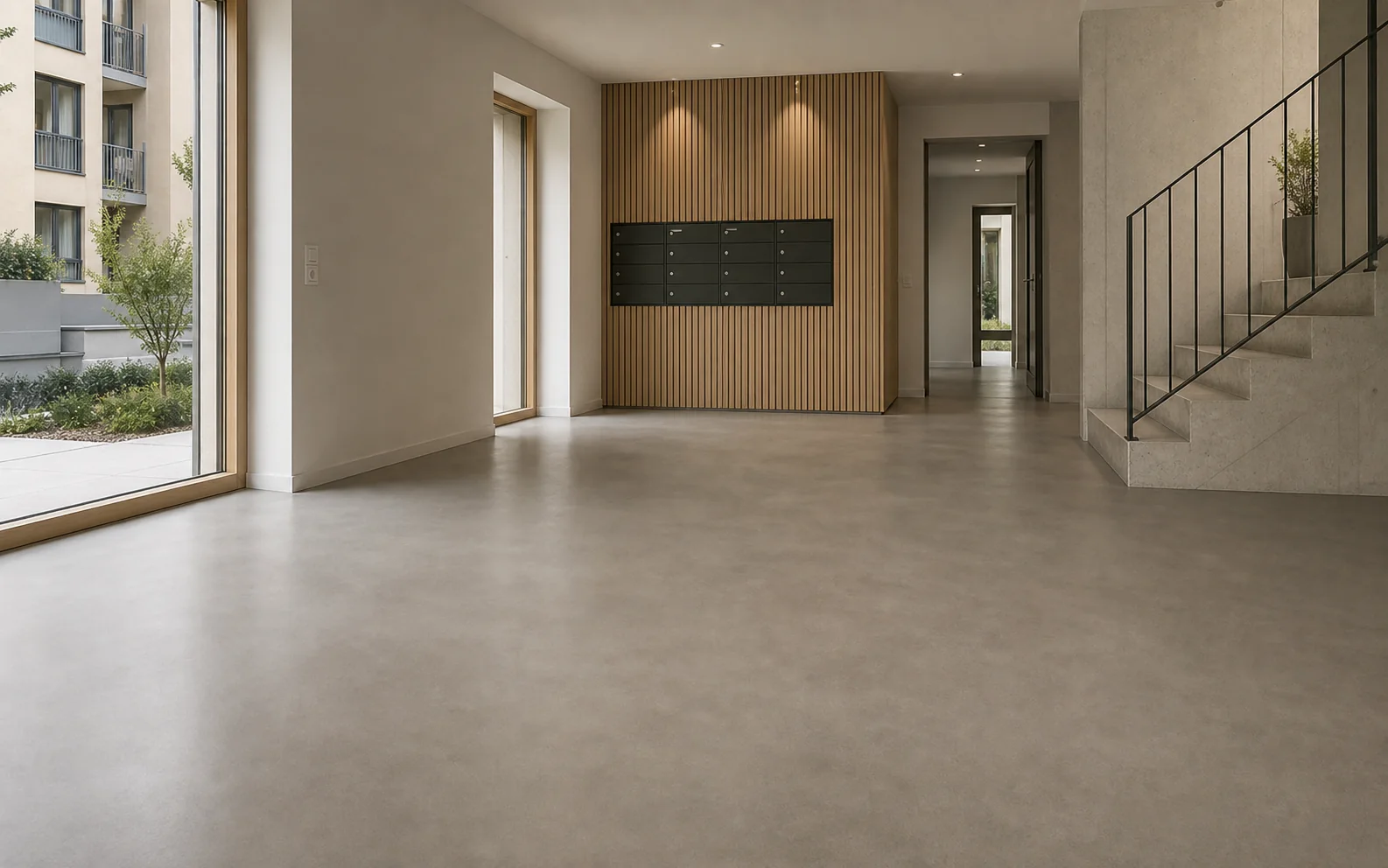 Wohnraum und Gang mit fugenlosem Boden