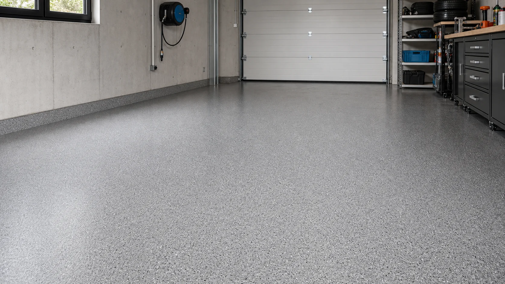 Garage mit fugenlosem Epoxyboden und ruhiger Bodenfläche