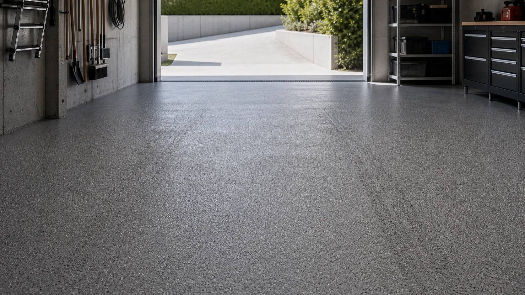 Garage mit offener Zufahrt und fugenlosem Epoxyboden