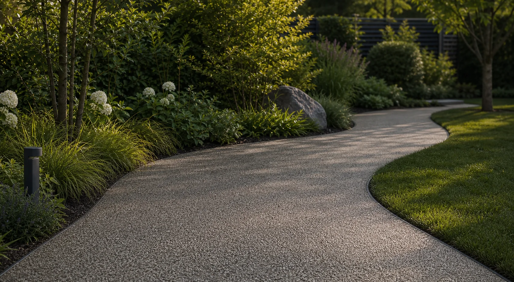 Ruhige Gartenfläche mit mineralischem Belag und Bepflanzung