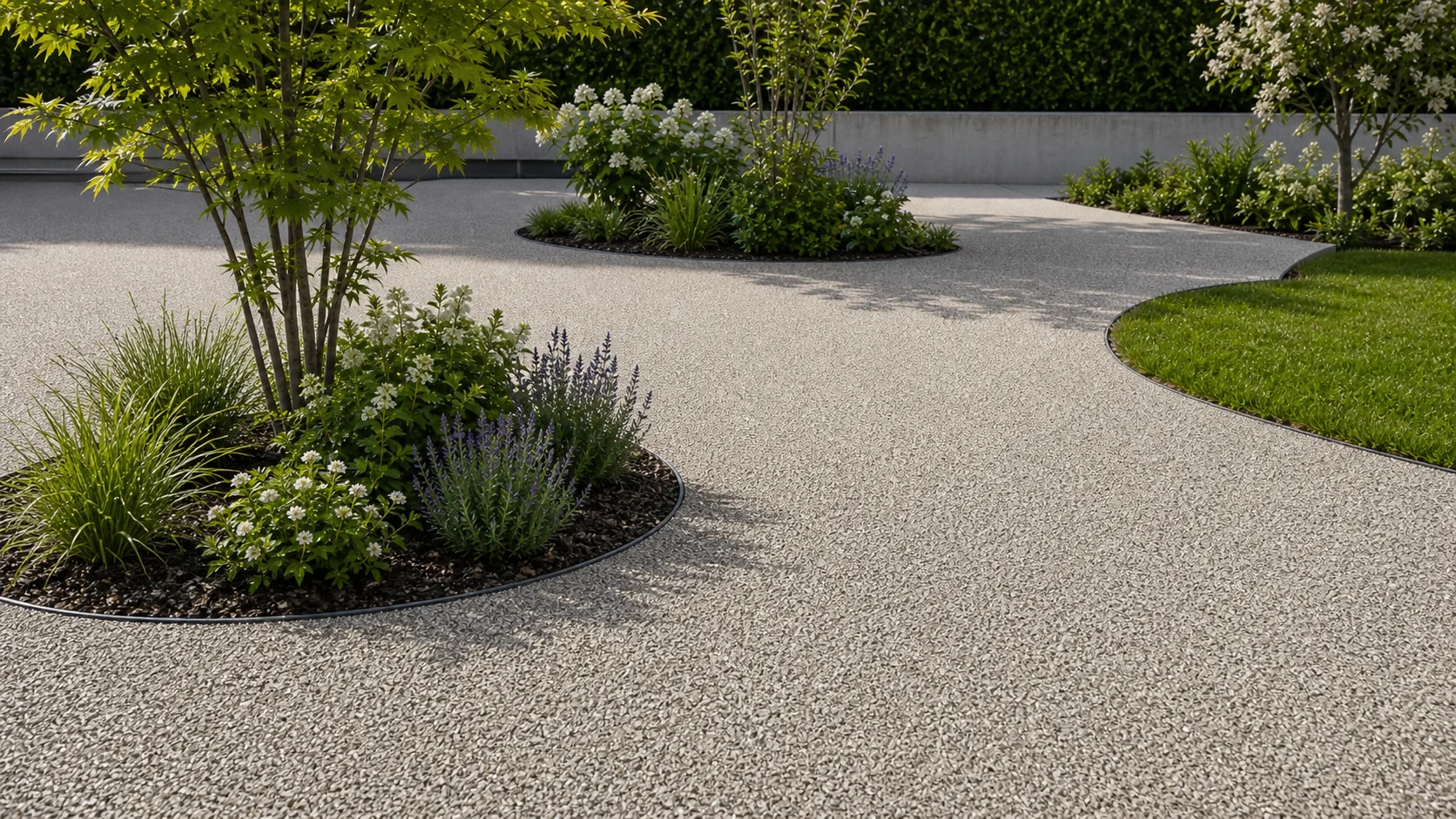 Pflegeleichte mineralische Gartenfläche mit Pflanzinseln