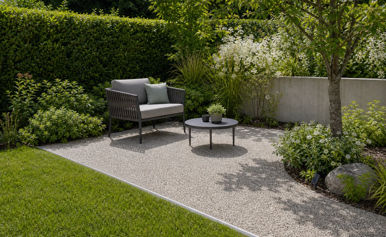 Sitzplatz im Garten mit mineralischer Oberfläche