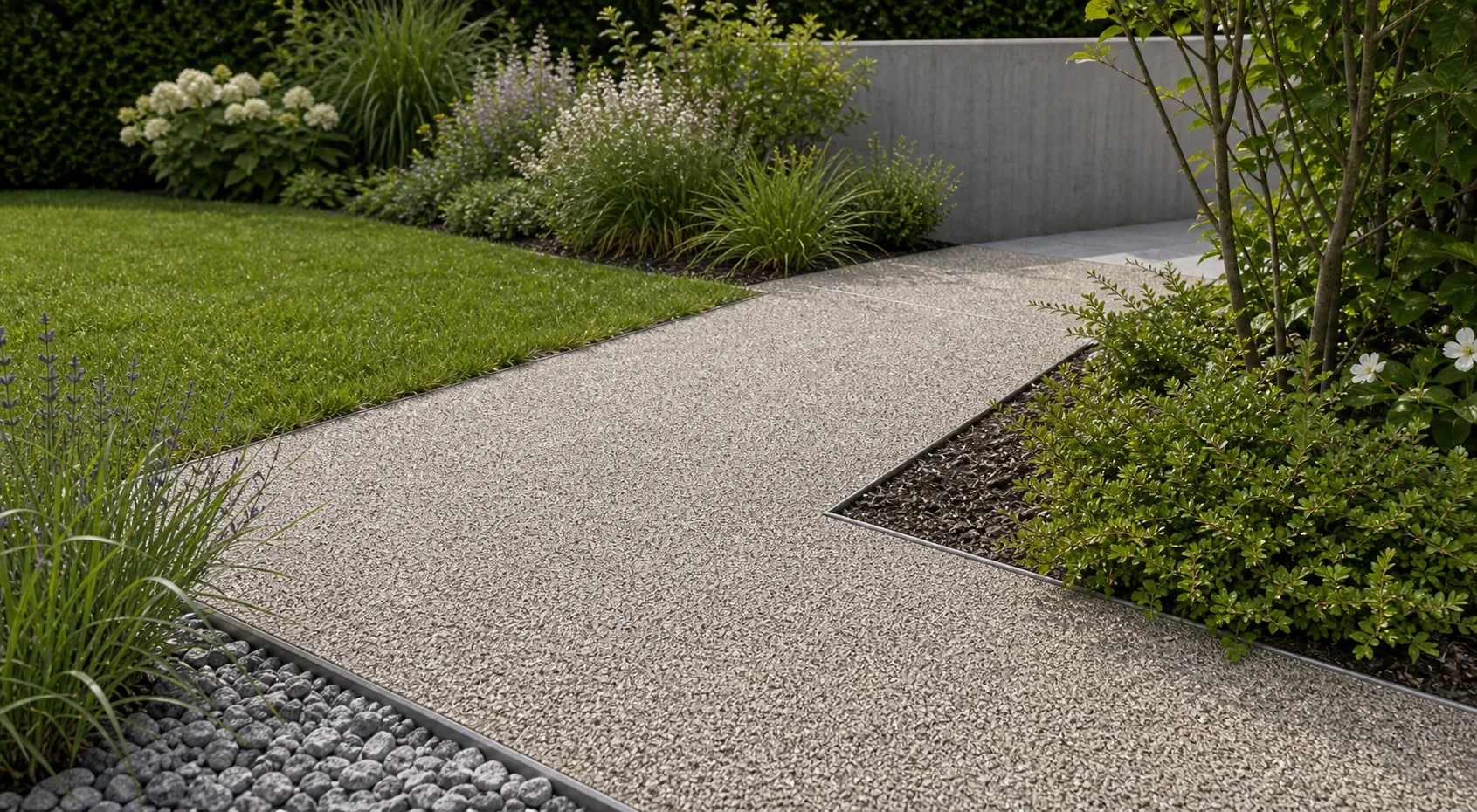 Übergang zwischen Gartenweg, Rasen und Bepflanzung