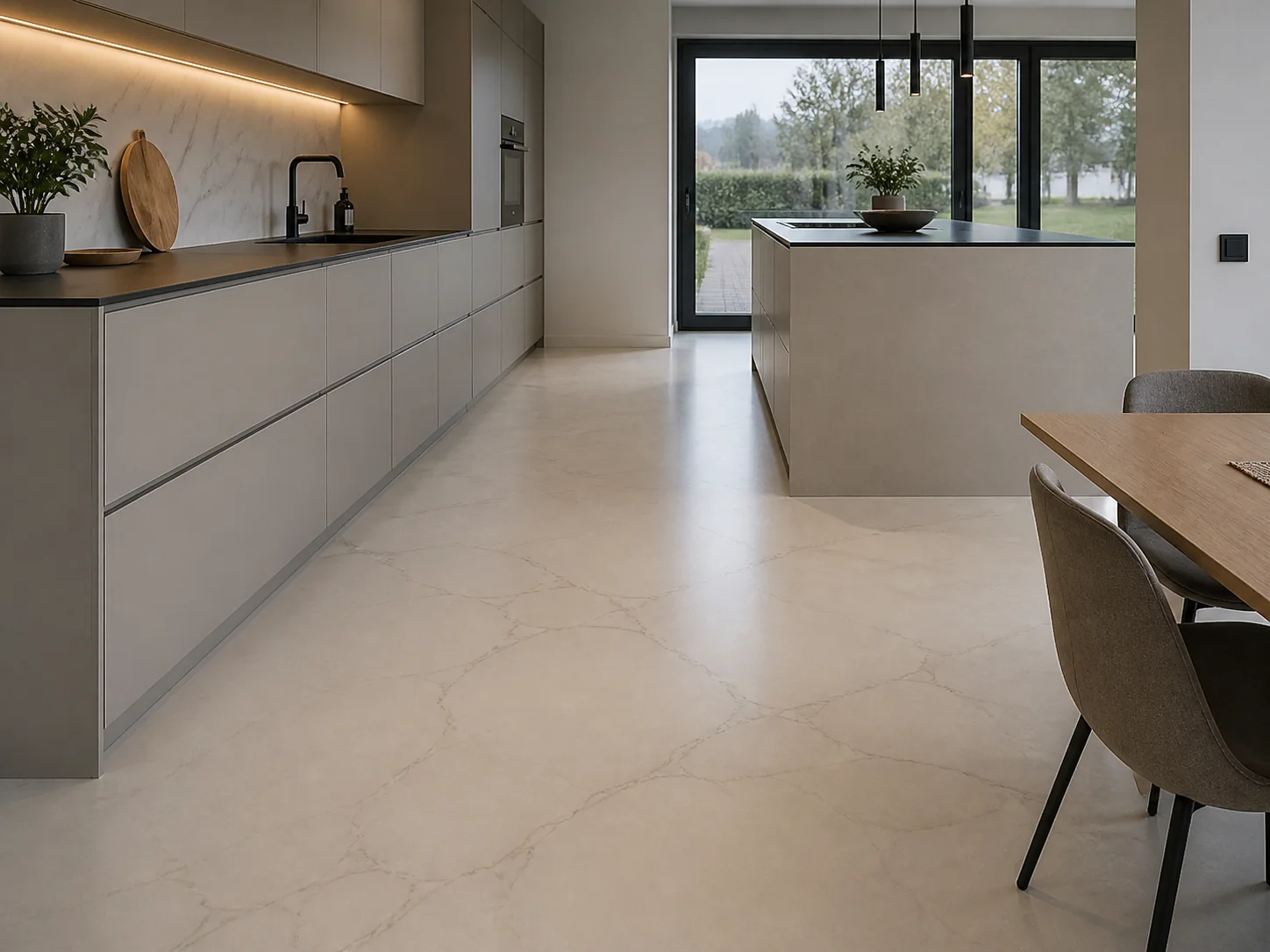 Küche mit fugenlosem marmoriertem Mineralboden und ruhiger Oberfläche