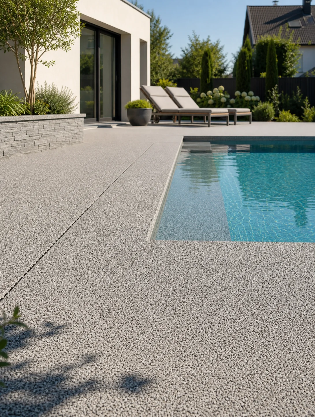 Pooldeck mit hellem Steinteppich und sauberem Anschluss