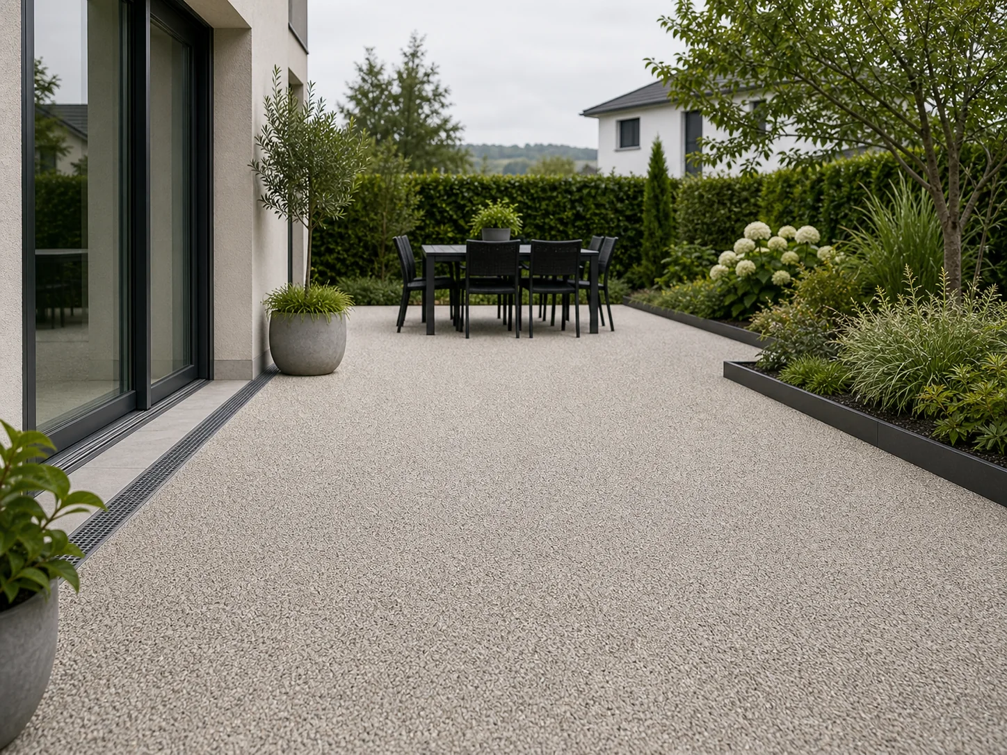 Terrasse in der Nordwestschweiz mit Steinteppich und Gartenanschluss